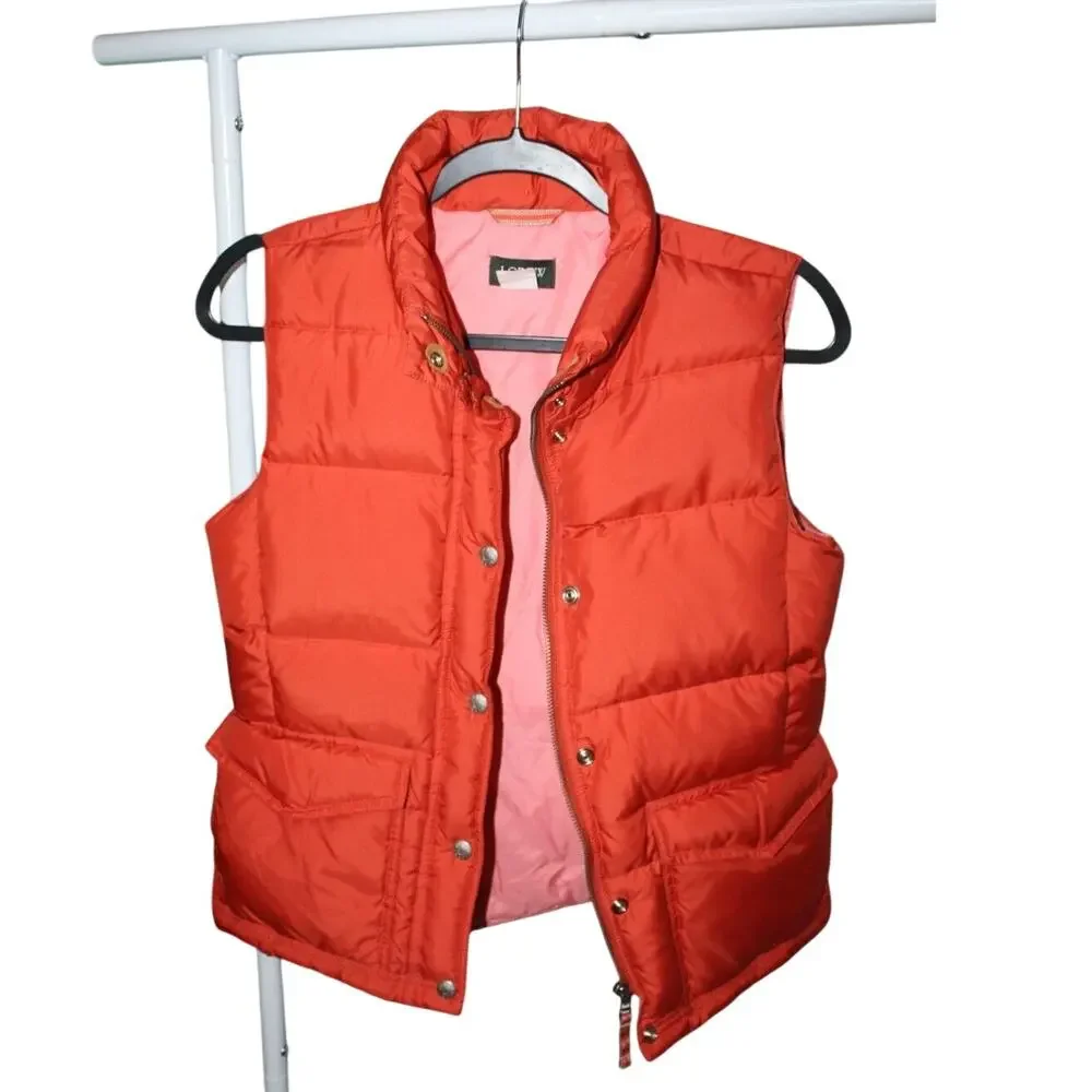 J. Crew Womens XS Puffer Vest Orange/Pink Zip Button Up Double Pockets Outerwear